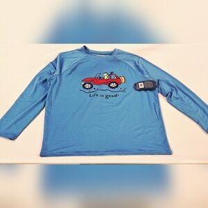 Life Is Good Cool Blue Long Sleeve UPF 50+ Shirt with Jake in the Jeep Graphic